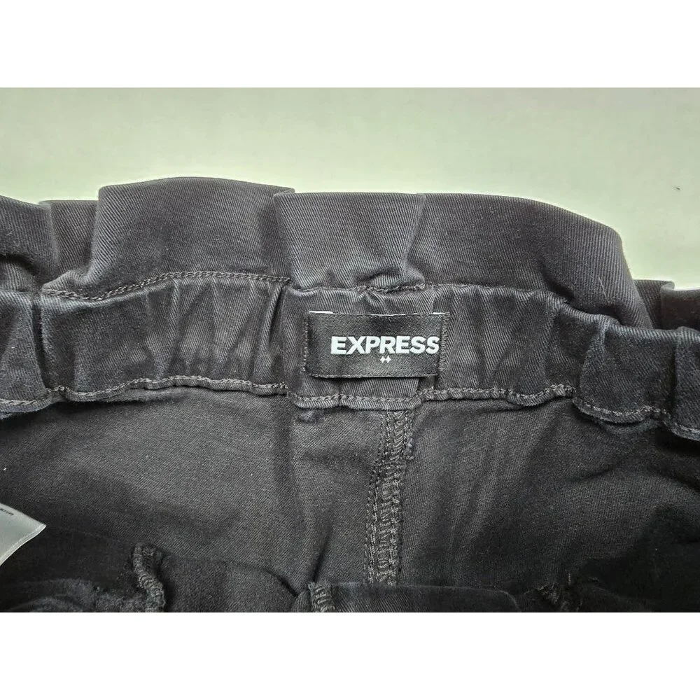 Express Black Shortie Super High Rise Denim Shorts XS Paper Bag Waist - Picture 2 of 5